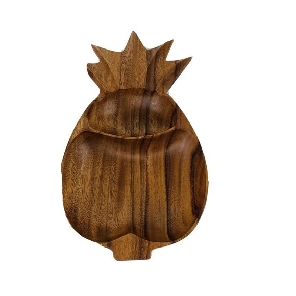 Monkey Pod Hand Craved Wooden Pineapple Shaped Tiki Serving Tray 2 Section - Picture 1 of 11